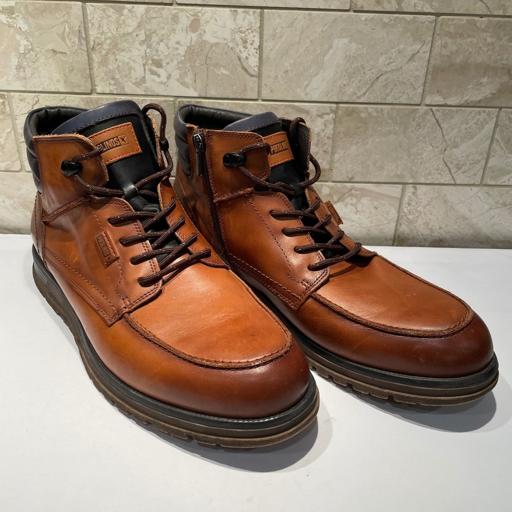 Pikolinos Mens Leather Moc Toe Ankle Boots Cognac Brown Side Zip Size 45